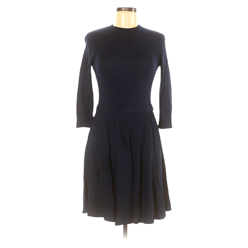 Cremieux A-Line Dress Size XS Crew Neck Navy Blue 3/4 Sleeves Pleating Modest